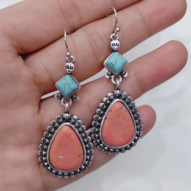 Vintage 925 Sterling Silver Natural Gemstone Pink Turquoise Earrings Woman Fashion Fine Jewelry