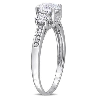 Women'S Engagement Anniversary Bridal 1 1/3 CT. round Created White Sapphire Round-Cut Diamond Accent (G-H, I2-I3) 10Kt White Gold 3-Stone Ring with 4 Prong/Pave Setting & Shoulder Diamonds