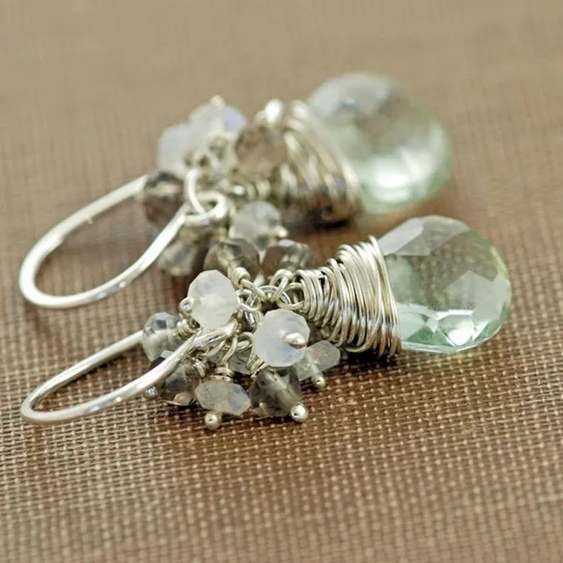 Sterling Silver Gemstone Cluster Earrings, Green Amethyst Moonstone Smoky Quartz, Handmade Earrings,