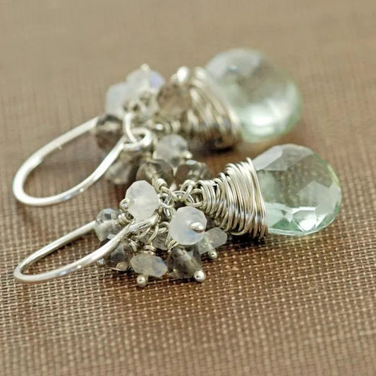 Sterling Silver Gemstone Cluster Earrings, Green Amethyst Moonstone Smoky Quartz, Handmade Earrings,
