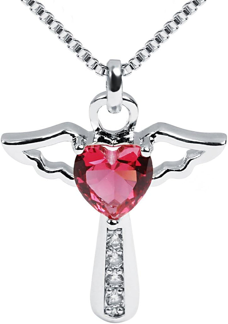 Angel Birthstone Necklaces Heart Cross Necklace for Women Cubic Zirconia Angel Wing Birthstone Heart Charm Pendant Necklace Gifts for Valentine,Birthday