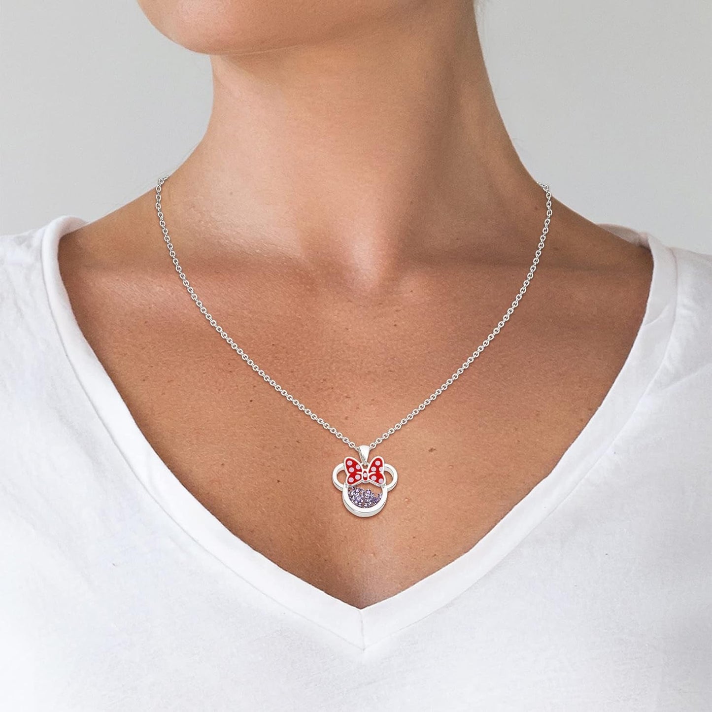 Women and Girls Birthstone Jewelry - Minnie Mouse Cubic Zirconia Shaker Pendant Necklace, Silver Plated, 18+2" Extender