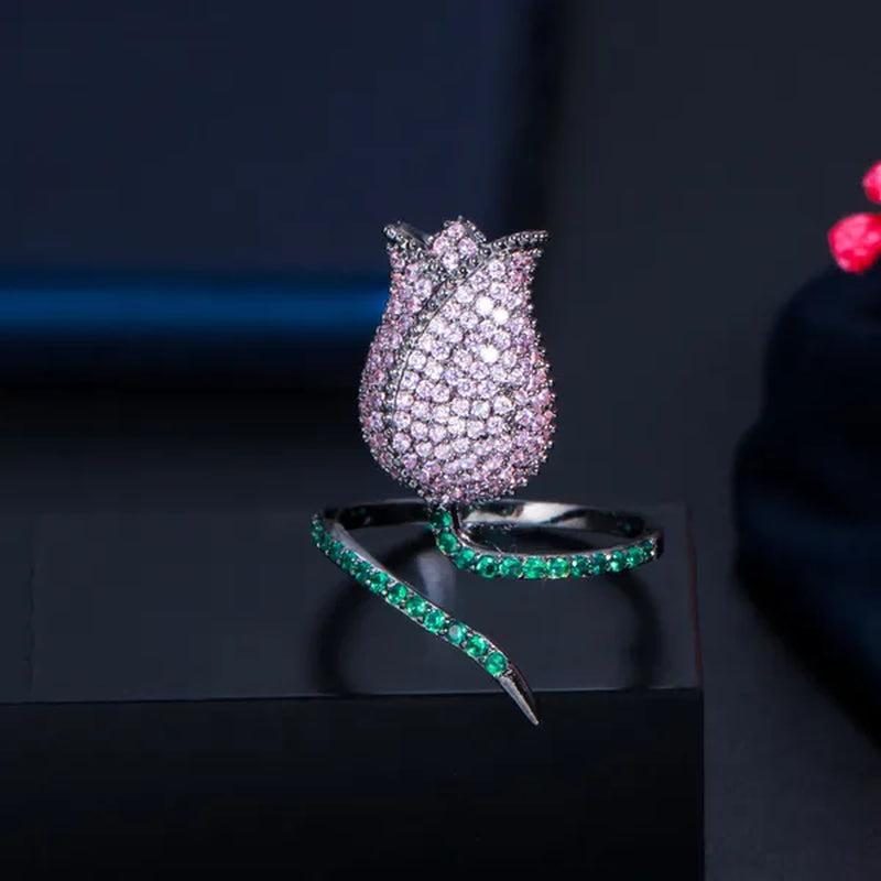 CANDICE Unique Finger Jewelry Micro Pave Pink Green Cubic Zirconia Black Gold Plated Rose Flower Adjustable Ring for Women Wedding