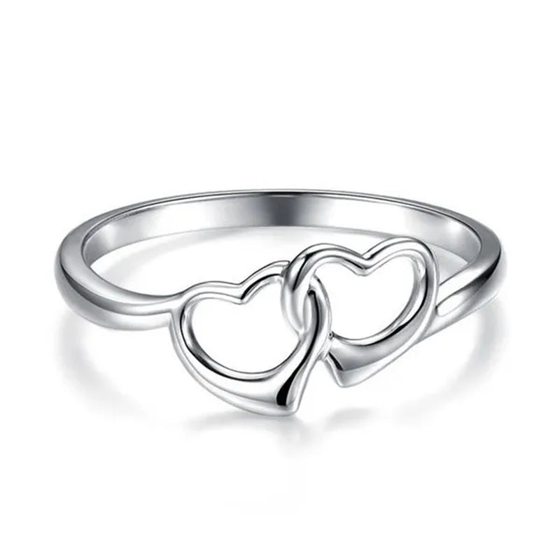 Cute Simple Double Heart Shaped Ring Elegant 925 Sterling Silver Rings Gifts for Women Girl