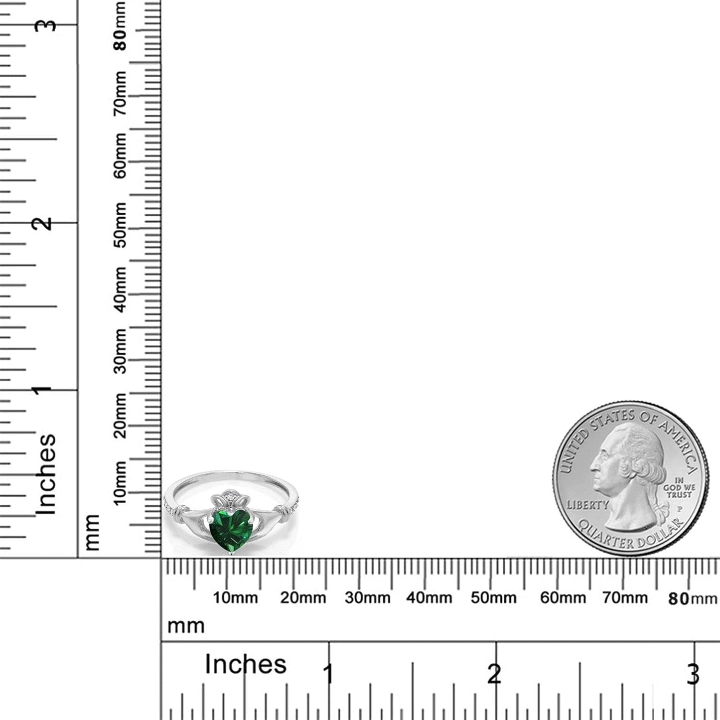 10K White Gold Green Simulated Emerald and White Diamond Irish Celtic Claddagh Ring (0.76 Cttw, Heart Shape 6MM, Available in Size 5, 6, 7, 8, 9)