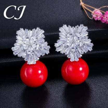 CANDICE Unique Rose Gold Plated Clear Cubic Zircon Snowflake Stud Earring with White Big Shell Pearl Brincos for Woman Christmas Gift