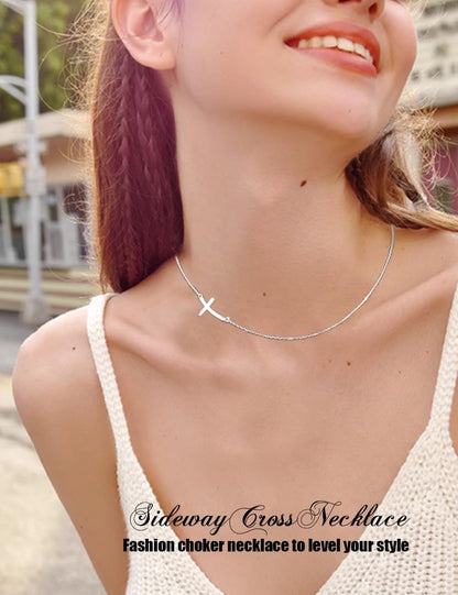 925 Sterling Silver Concise Sideways Cross Pendant Necklace Choker for Women Christian Jewelry