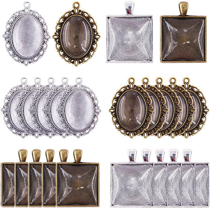 48-Pieces Oval and Square Pendant Trays with Glass Cabochon Dome Tiles Clear Cameo for Crafting DIY Jewelry Making, 24 Sets