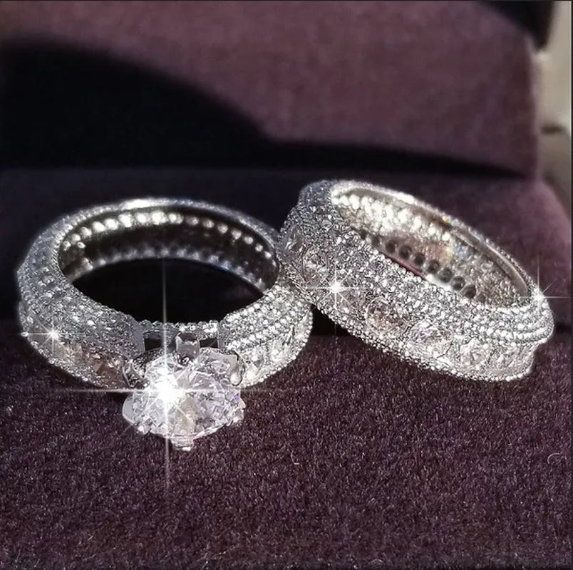 2Pcs/Set Rings for Women 925 Sterling Silver Natural Sapphire Geometric Rings for Women AAA Zircon Diamond Ring Princess Wedding Wedding Ring Set Birthday Valentine'S Day Gift Accessories Jewelry