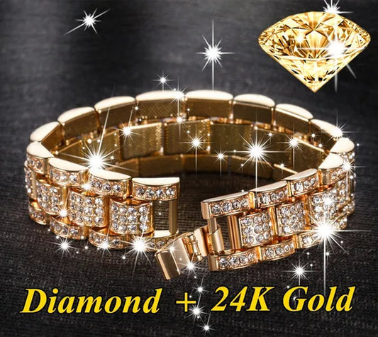 Mens fashion 24K Gold / 925 Silver Plated Solid Stainless Steel Chain Iced Diamond Thick Miami Cuban Link Chain DIAMOND Bracelet Hip hop Jewelry