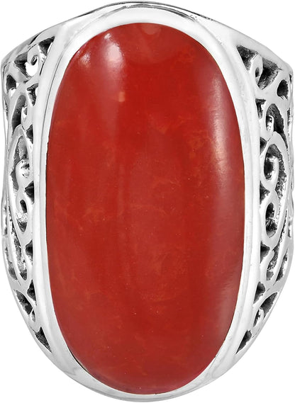Bold Lrg Oval Reconstructed Red Coral Intricate Heart Filigree .925 Sterling Silver Ring