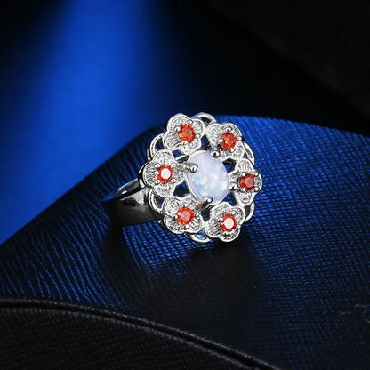 Natural Ruby Gemstone opal Flower ring  Wedding Engagement Ring Women's Jewelry Gifts5-10