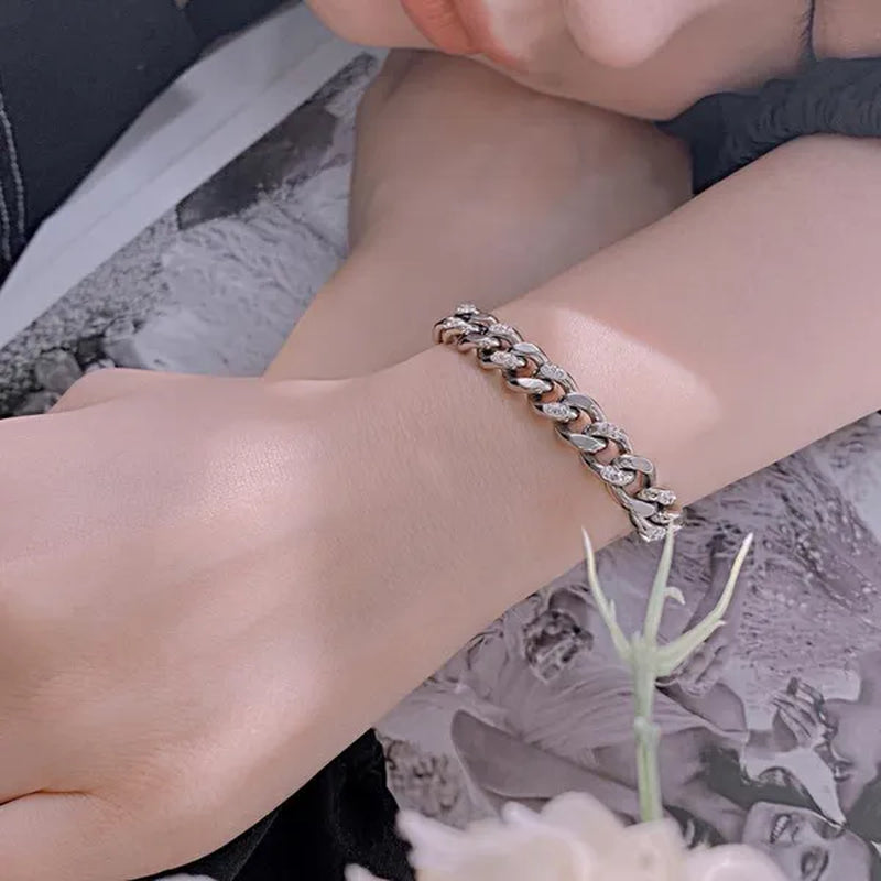 8.5Mm Wide Adjustable Curb Link Chain Bracelet Inlay Delicate Cubic Zirconia CZ Stone for Women Girls Titanium Steel Chunky Cuban Curb Chain Bracelets Bangle Lady Jewelry Silver / Gold