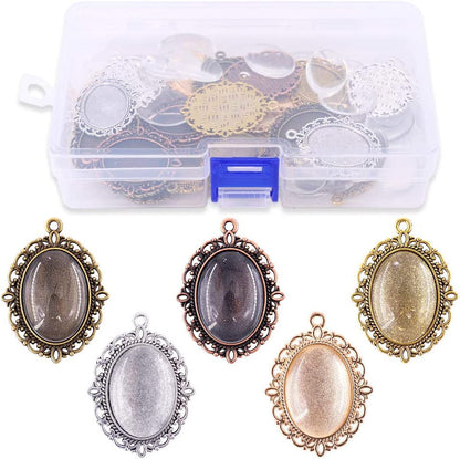 70Pcs Oval Pendant Set, 35Pcs 5 Colors Pendant Trays and 35 Pieces Bright Glass Cabochon Dome Tiles for Bracelet Necklace Crafting DIY Jewelry Gift Making