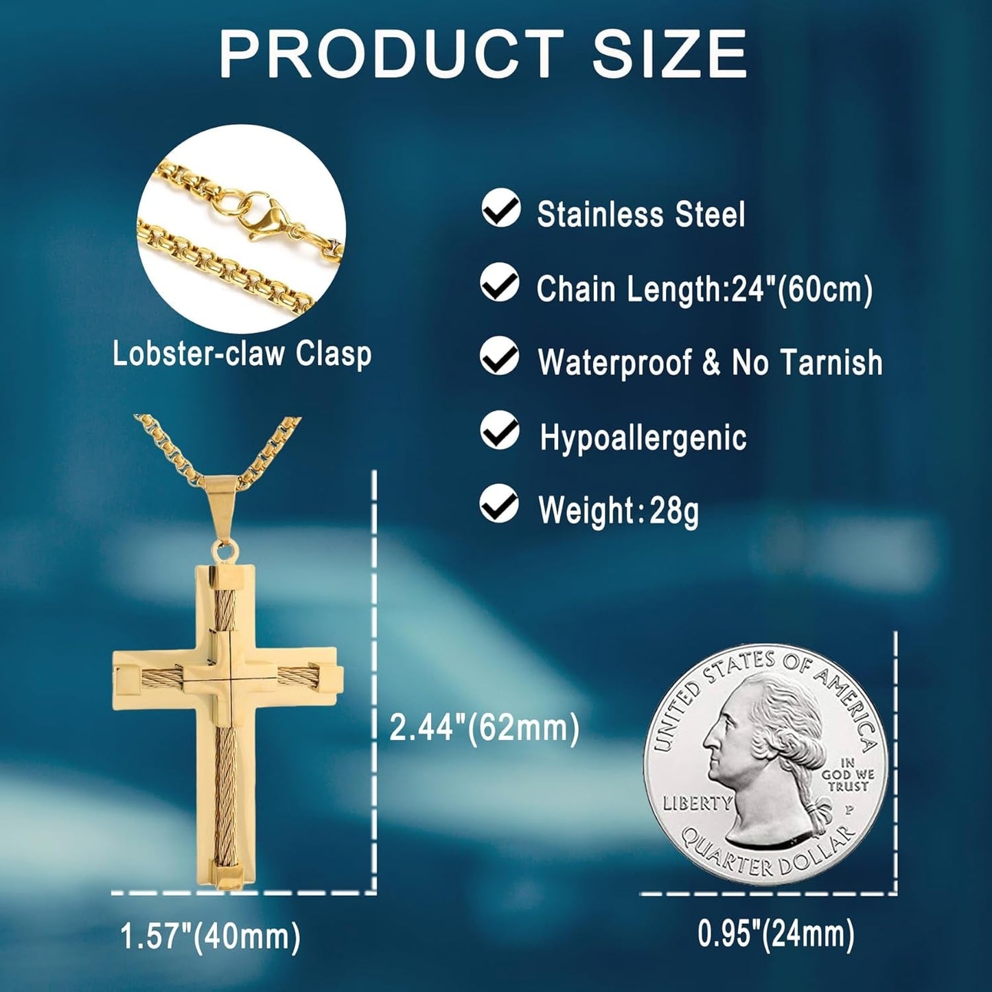 Cross Necklace for Men 316L Stainless Steel Jesus Christ Pendant Jewelry Rolo Chain for 20″ 22″ 24″ 26″ 28″