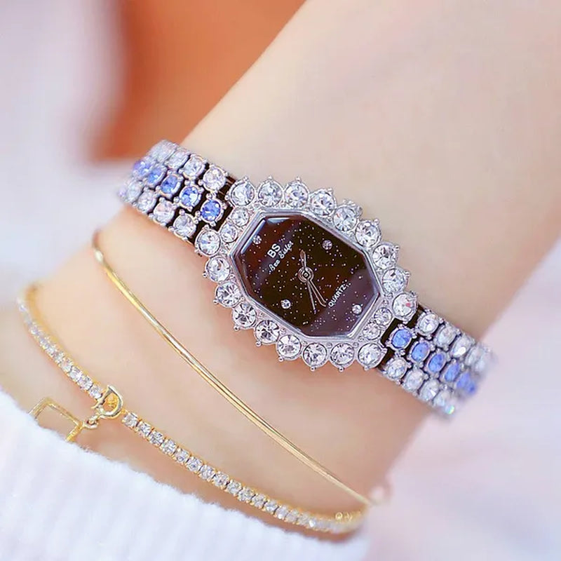BS Brand Fashion Watches Women Ladies Diamonds Small Bracelet Watch Green Stone Gold Waterproof Montre Femme