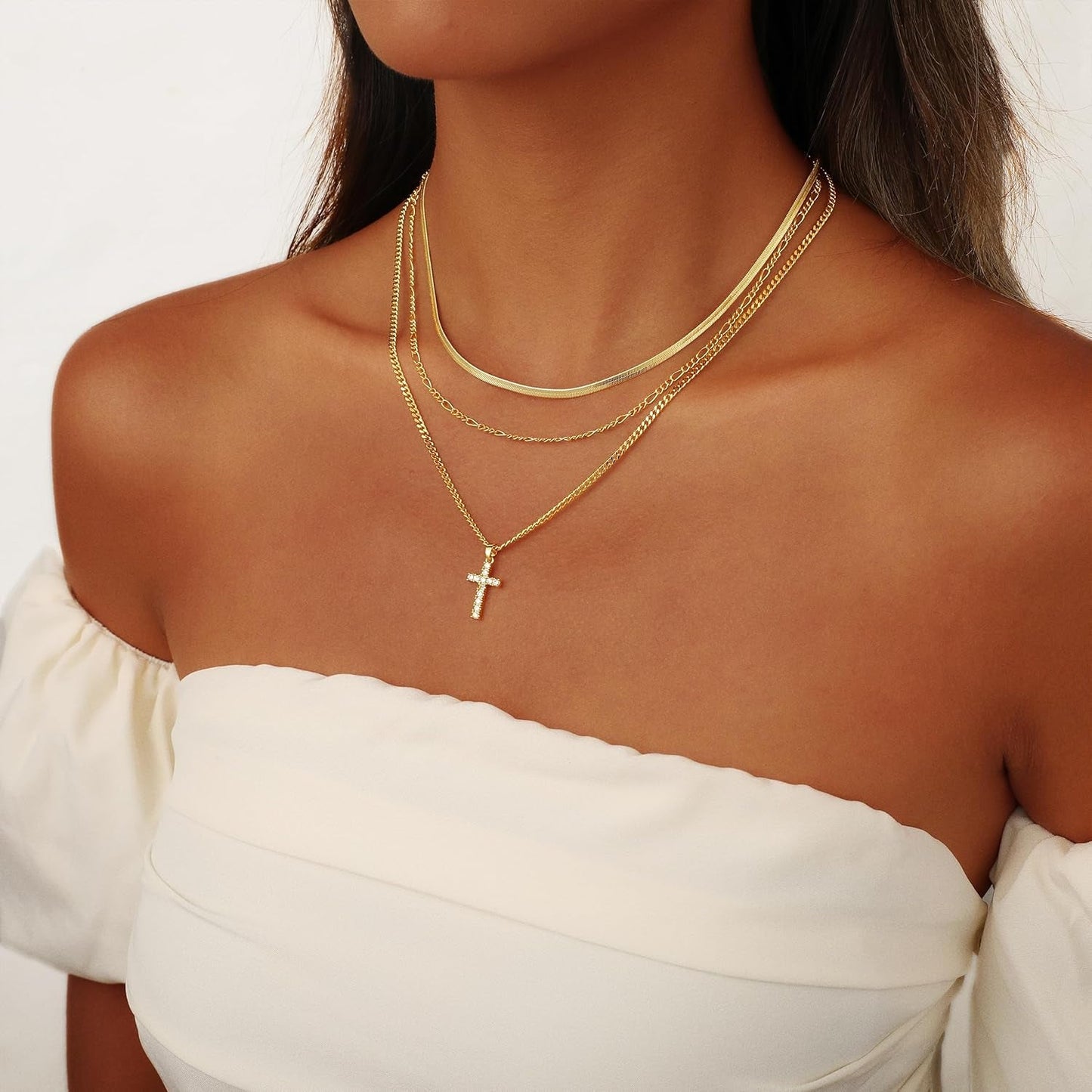Layered Gold Cross Necklaces for Women, Stack Stackable Chunky 14K Gold Plated Cubic Zirconia Pendant Necklace Set Dainty Choker Layering Faith Jewelry Religious Gifts for Women