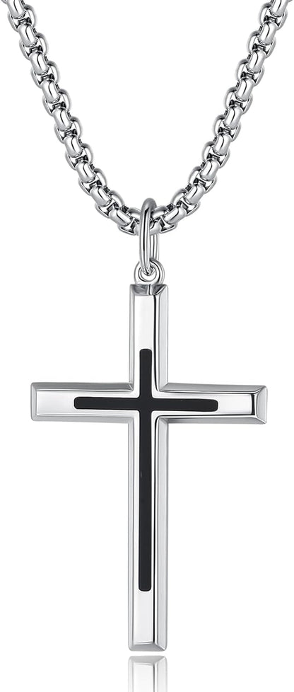Black Cross Necklaces Sterling Silver Cross Pendant Polished Long Necklace Fine Jewelry Christmas Gift for Men,Stainless Steel Box Chain Length 24''