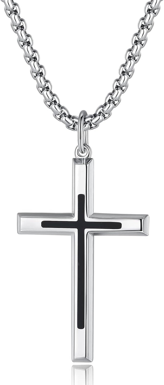 Black Cross Necklaces Sterling Silver Cross Pendant Polished Long Necklace Fine Jewelry Christmas Gift for Men,Stainless Steel Box Chain Length 24''