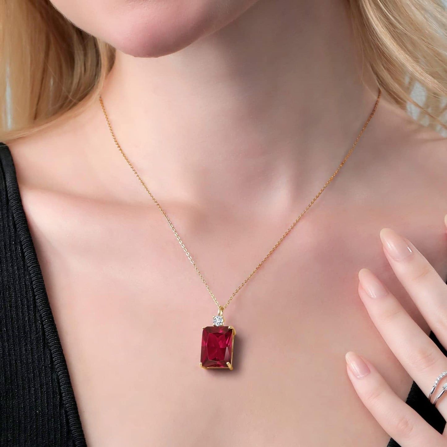 18K Yellow Gold Plated Silver Red Created Ruby and White Lab Grown Diamond Pendant Necklace for Women (20.27 Cttw, Emerald Cut 18X13MM, with 18 Inch Silver Chain)