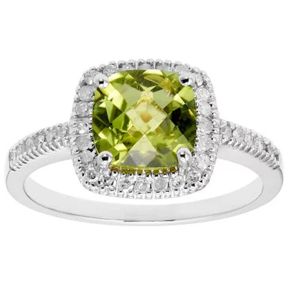Cushion-Cut Peridot and Diamond Ring in 14K White Gold