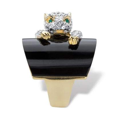 Genuine Black Onyx and Round Crystal Leopard Cocktail Ring with Green Crystal Accents Gold-Plated