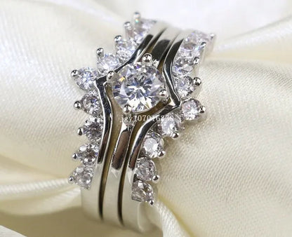 Round 5Mm 1CT CZ Bridal Sets 10KT White Gold Filled Women'S Wedding Ring 3 in 1 Band Gifts Sz 5-10