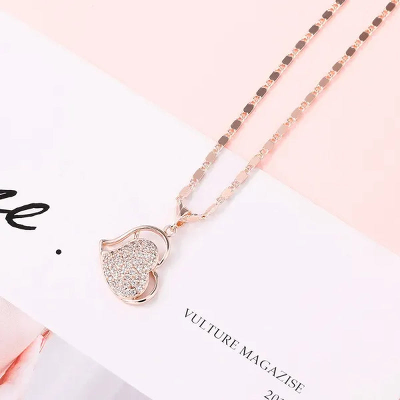Classic Necklaces For Women Lovely Double Heart Necklace Vintage Rose Gold Necklace Diamond Women Necklace Valentine'S Day Gift For Women
