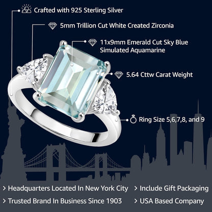 6.95 Cttw Sky Blue Simulated Aquamarine 3 Stone Engagement Ring for Women | 925 Sterling Silver | Emerald Cut 12X10MM | Trillion 5MM | Available in Size 5, 6, 7, 8, 9