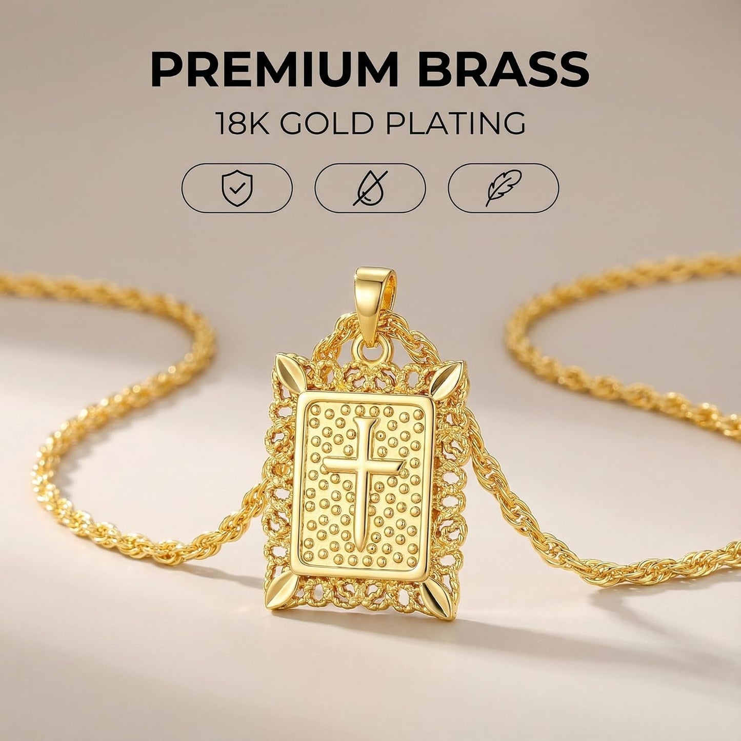 Cross Pendant Necklace for Women Men, 14K Gold/Silver Plated Square Faith Christian Figaro Chain Religious Jewelry Gift for Christian