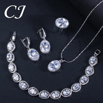 CANDICE European Clear Oval CZ Stone Necklace Earrings Tennis Bracelet Ring for Women Fashionable Sterling Silver Plated Plated Party Jewelry Set