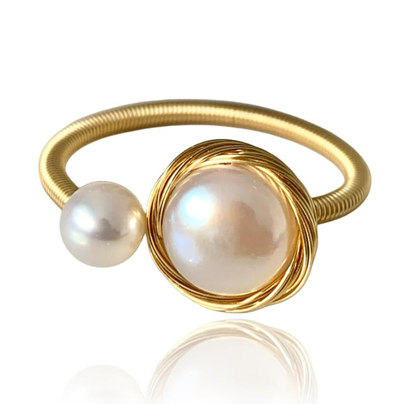 Handcrafted Natural Baroque Pearl Ring Winding Design Opening Adjustable 14K Gold Plated Material Beads