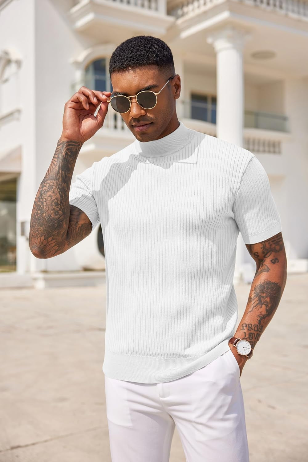 Men'S Mock Turtleneck Sweater Short Sleeve Casual Basic Tops Ribbed Knit Pullover Solid Tee
