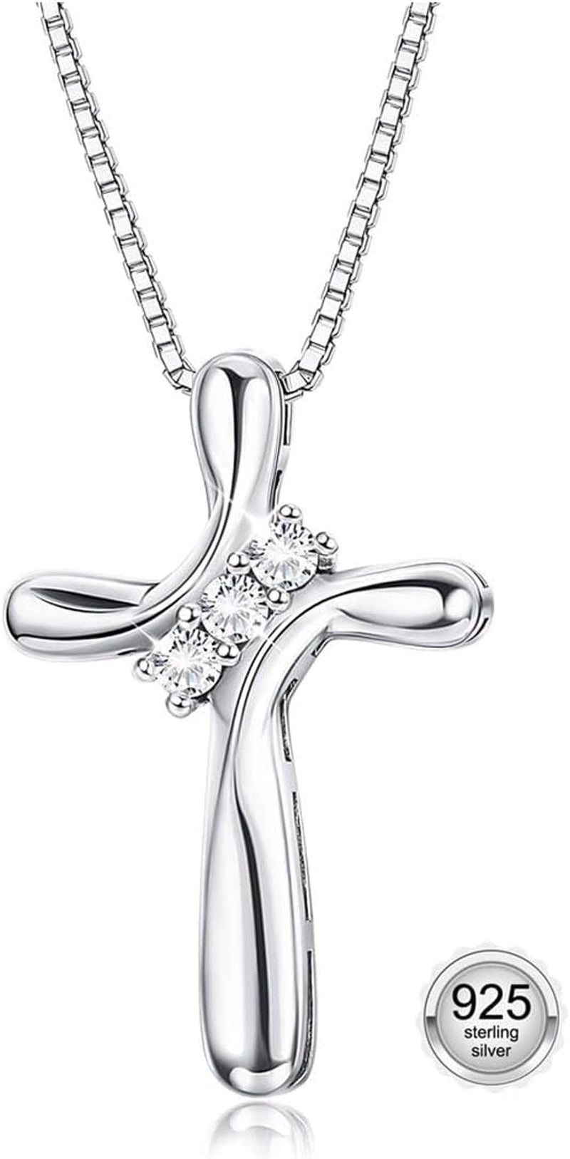 925 Sterling Silver Cross Necklace for Women 3 Stone Cubic Zirconia Silver Cross Pendant Necklaces with 1 MM Box Chain,18 Inches