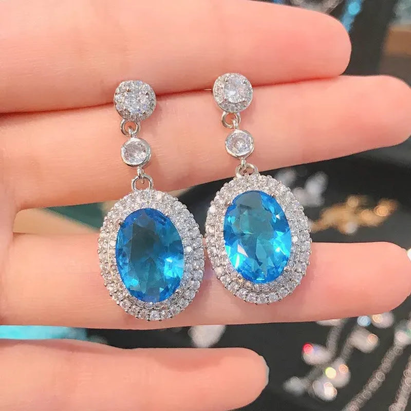 Bridal Wedding Earrings for Women 4 Prong Setting Oval Citrine Pendant Silver Plated Micro Pave Lab Diamond Yellow Gemstone Drop Earrings
