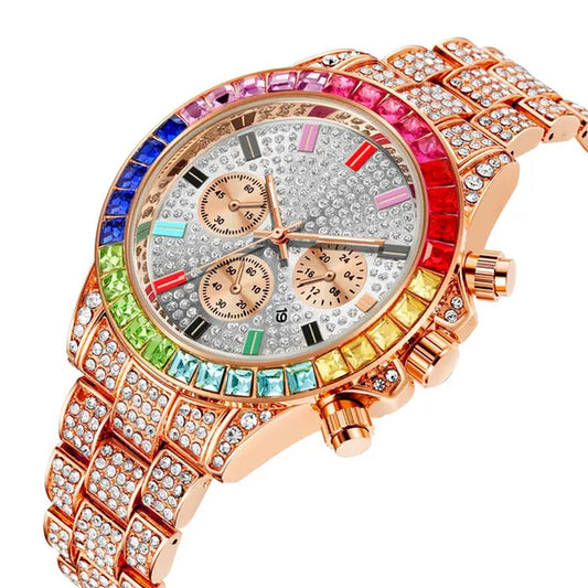 Men Watch Luxury Brand Mens Gold Men Watch Quartz Clock Chronograph Colorful Diamond Steel Iced Out Watch Reloj Hombre