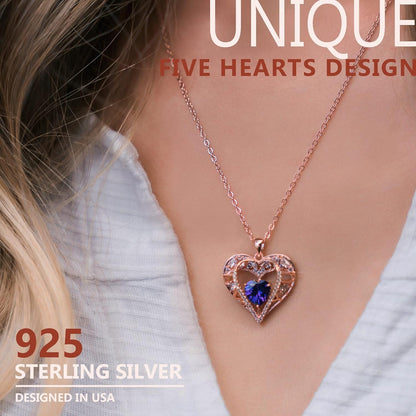 5 Heart Crystal Necklace 18K Rose Gold Plated - Pendant with 18”+2” 925 Sterling Silver Chain - Birthstone Jewelry for Women and Girls - Gift for Birthday, Christmas