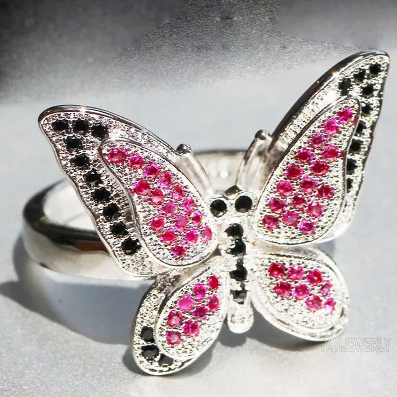 Silver Natural Gemstones Ring Ruby & Black Sapphire Wedding Ring Birthstone Bride Engagement Square Brand Crown Cross Butterfly Ring Jewelry Size 6 7 8 9 10