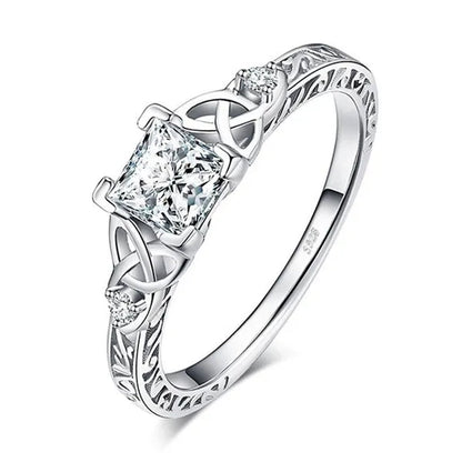 Classic and Fashionable silver-plated Celtic Knot Princess Geometric Cubic Diamond Ring Bridal Engagement Wedding Ring Size 5-11