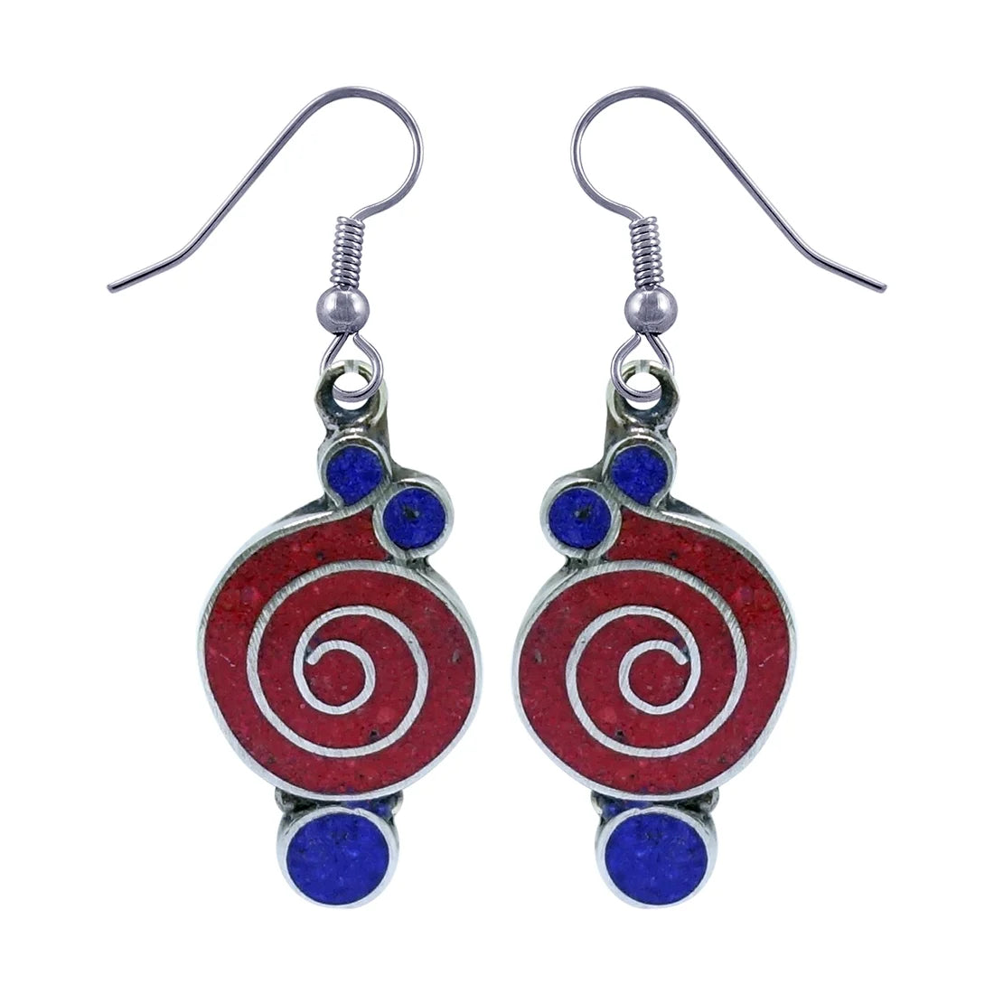 Gorgeous Handmade Compressed Red Coral & Lapis Lazuli Gemstone Inlay Drop Dangle Earring for Women & Teens 925 Silver Plated Ethnic Gypsy Boho Fashion Designer Party Earring Jewelry