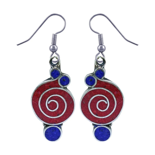 Gorgeous Handmade Compressed Red Coral & Lapis Lazuli Gemstone Inlay Drop Dangle Earring for Women & Teens 925 Silver Plated Ethnic Gypsy Boho Fashion Designer Party Earring Jewelry