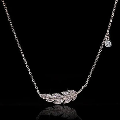 Bohemian Crystal Angel Feather Wing Pendant Necklace Party Jewelry 925 Sterling Silver Clavicle Necklace for Women 18inch Chain