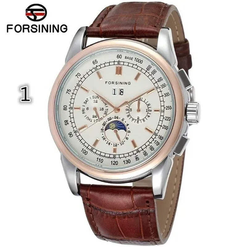 Forsining Moon Phase Shanghai Movement Rose Gold Case Brown Bracelet en cuir véritable Montres pour hommes Top Brand Luxury Auotmatic Watch