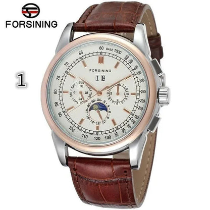 Forsining Moon Phase Shanghai Movement Rose Gold Case Brown Bracelet en cuir véritable Montres pour hommes Top Brand Luxury Auotmatic Watch