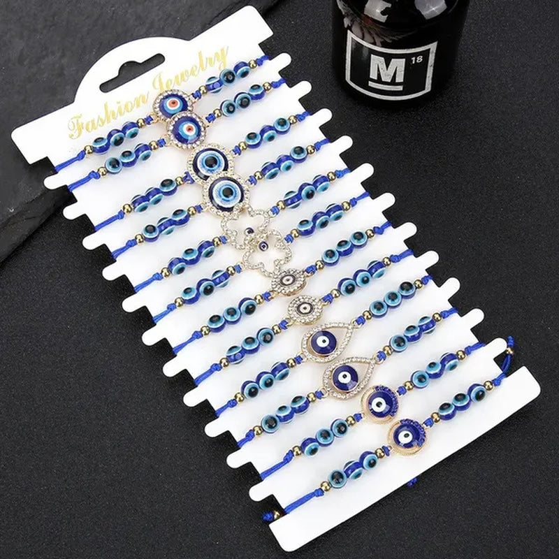 12 Pcs/Set Bohemian Handmade Braided Rope Charm Bracelets Rhinestone Blue round Beads Evil Eye Bracelet for Women Men Friendship Jewelry Gifts