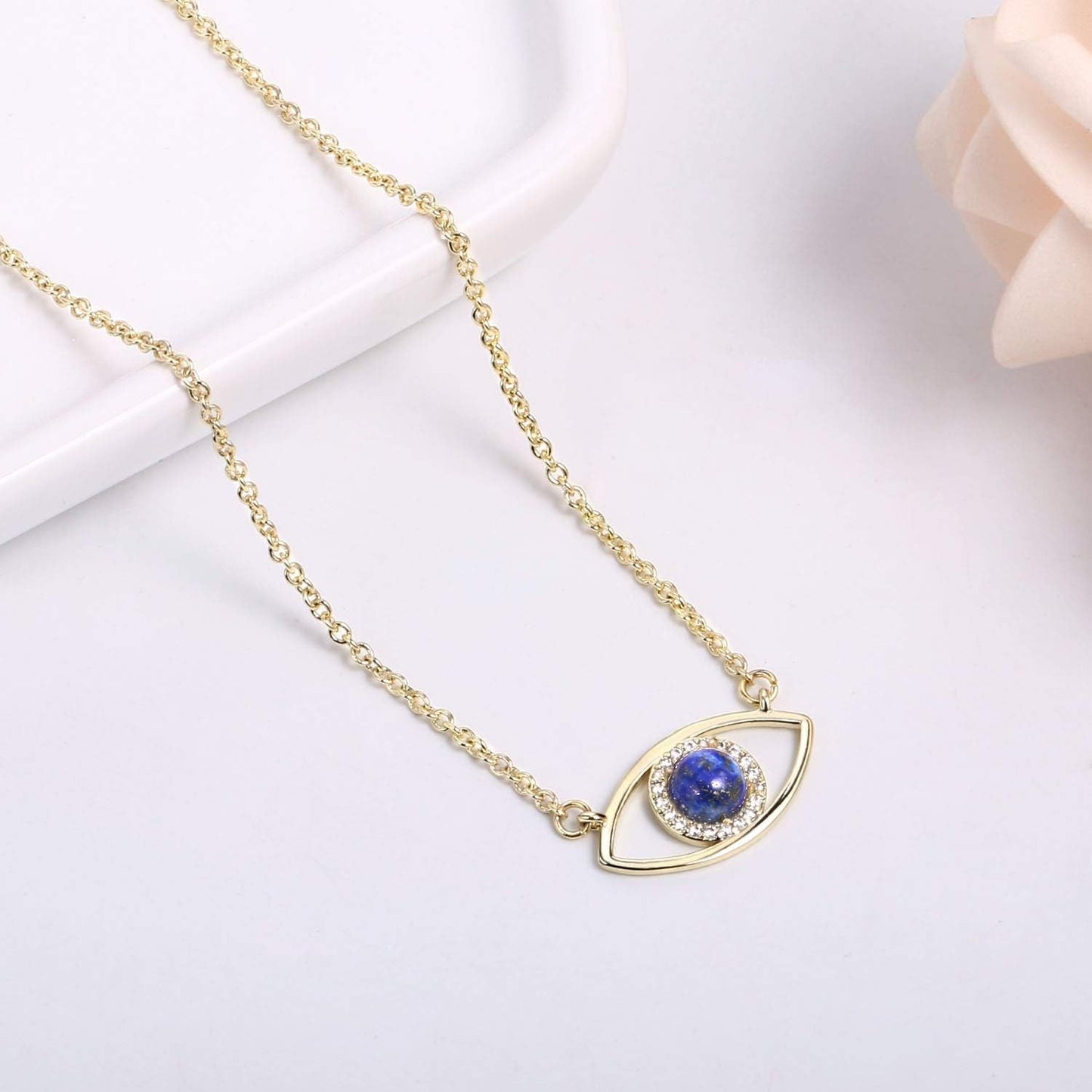 14K Gold Dainty Evil Eye Necklace for Women | Gemstone Necklace | Real Crystal Necklace for Women
