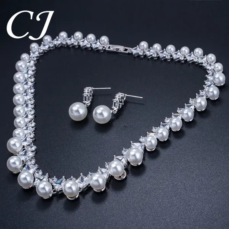 CANDICE High Quality White Gold Plating Square CZ Stone With White Pearl Luxurious Bridal Jewelry Wedding Choker Necklace and Drop Earrings Sets for Brides Dress Accessories