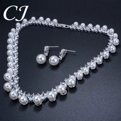 CANDICE High Quality White Gold Plating Square CZ Stone With White Pearl Luxurious Bridal Jewelry Wedding Choker Necklace and Drop Earrings Sets for Brides Dress Accessories