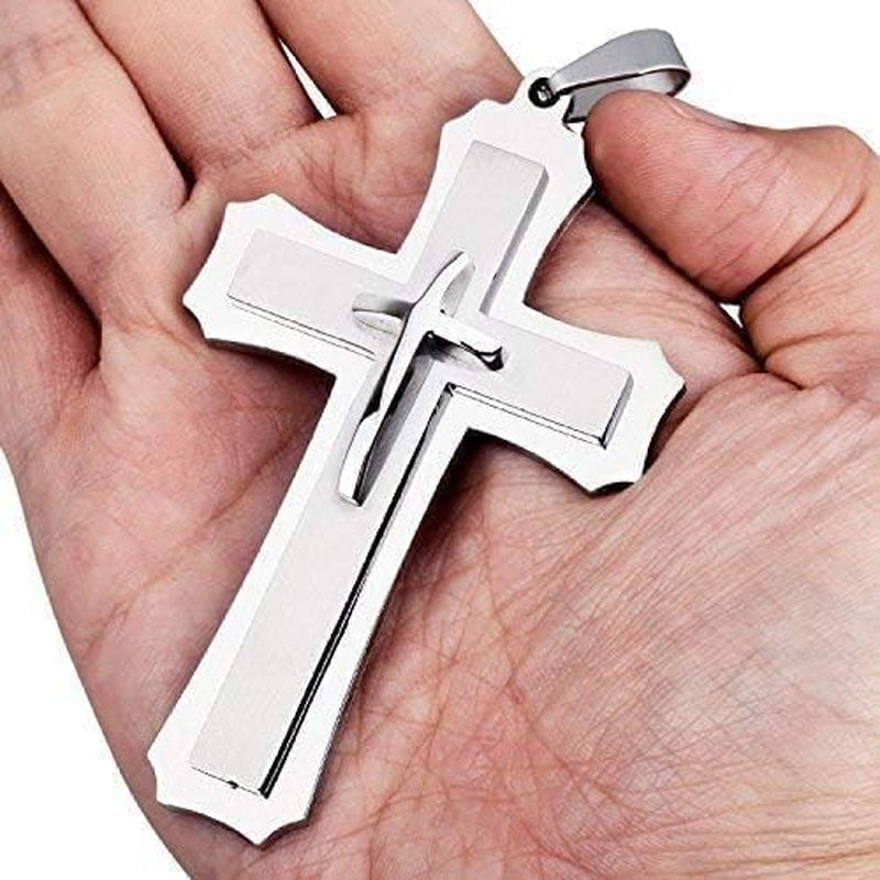 Mens Large Polished Stainless Steel Three Giant Cross Pendant Necklace Silver with 22 Inch Chain