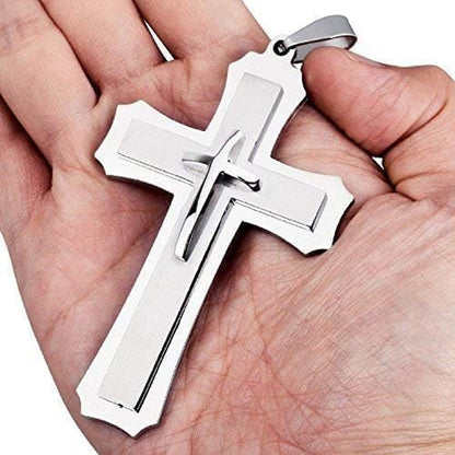 Mens Large Polished Stainless Steel Three Giant Cross Pendant Necklace Silver with 22 Inch Chain